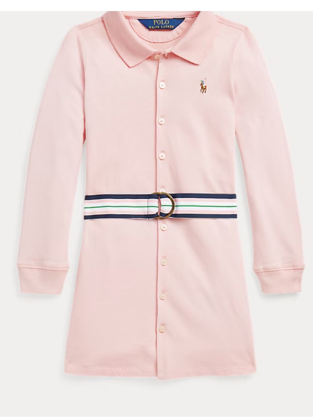 Ralph Lauren Light Pink Button-Front Oxford Knit Polo Dress with Striped Belt